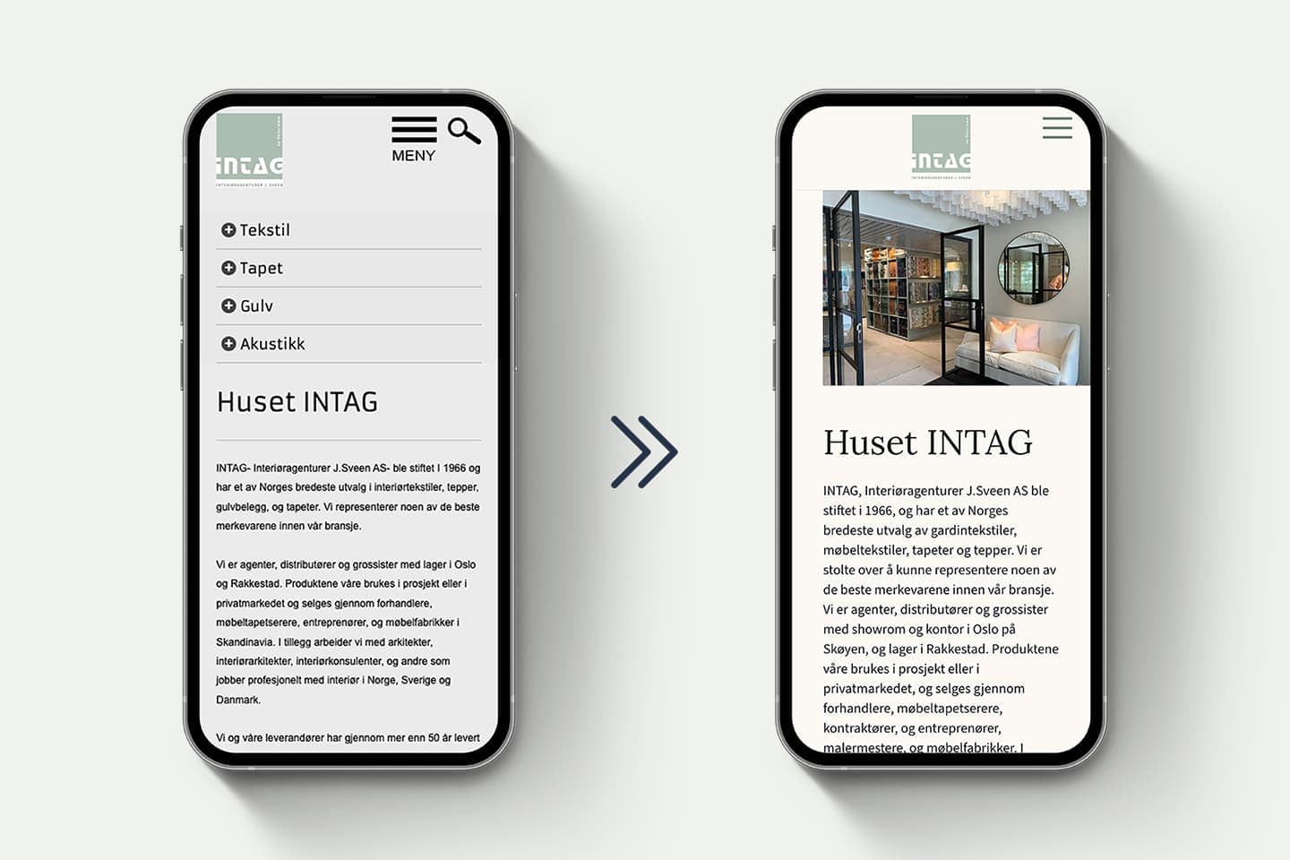 bilde av to mobiler som viser nettsiden intag.no før og etter ny side ble laget